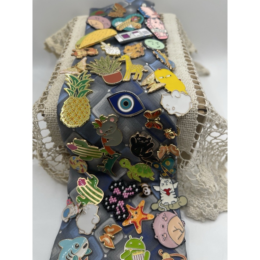 Huge Lot of 40+ Enamel Lapel Pins on Blue Geometric Necktie Animal Food Quirky - Picture 3 of 4